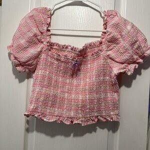 SHEIN Pink Plaid Puff Sleeve Top